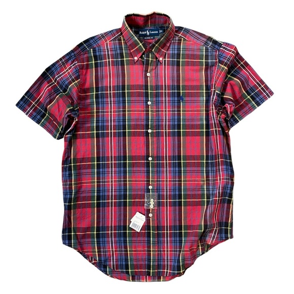 NWT Vintage Ralph Lauren Classic Fit Short Sleeve Button Down Plaid Shirt Size M